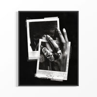 Michael Jordan GOAT 6 Rings Black & White poster displayed in black frame showing hands with championship rings