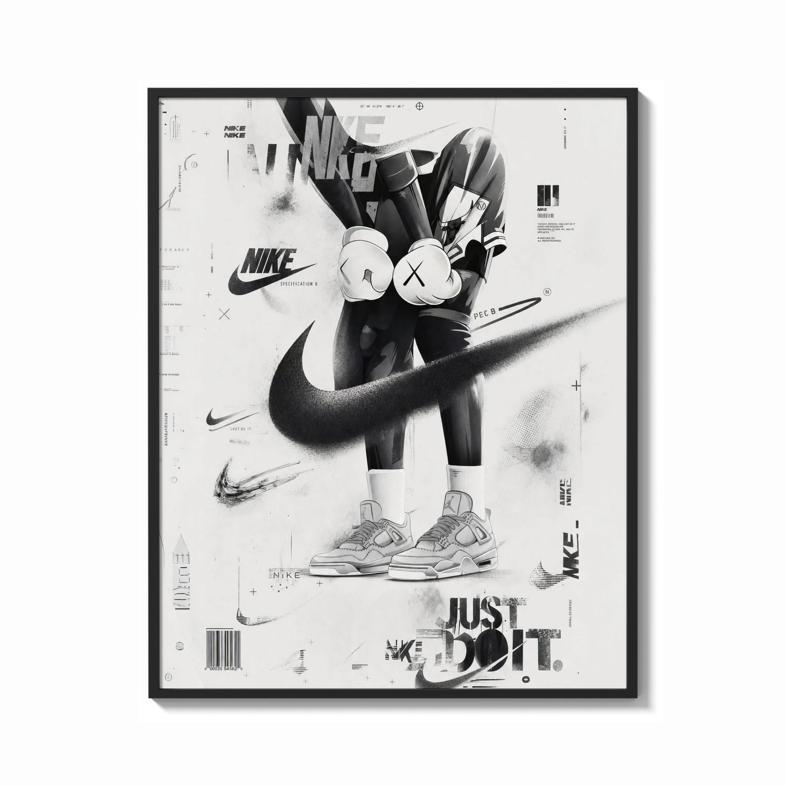 Framed KAWS figure wearing Air Jordan sneakers print shown as a bold statement piece on a clean gallery wall