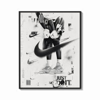 Framed KAWS figure wearing Air Jordan sneakers print shown as a bold statement piece on a clean gallery wall