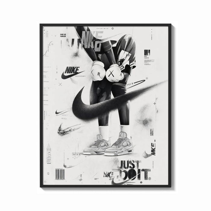 Framed KAWS figure wearing Air Jordan sneakers print shown as a bold statement piece on a clean gallery wall