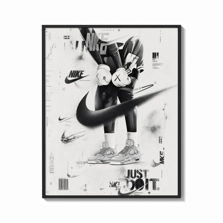 Framed KAWS figure wearing Air Jordan sneakers print shown as a bold statement piece on a clean gallery wall