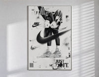 KAWS figure wearing Air Jordan sneakers poster in a slim frame on a bright wall with soft window light