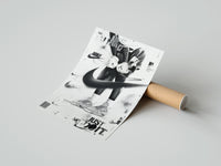 Rolled KAWS figure wearing Air Jordan sneakers poster beside its crush-resistant kraft shipping tube