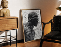Brass-framed Michael Jordan screaming portrait print leaning in a warm styled corner by a sculpture