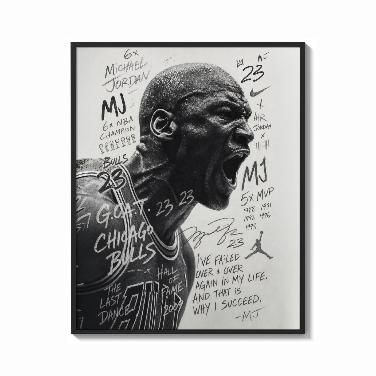 Framed Michael Jordan screaming portrait print shown as a bold statement piece on a clean gallery wall
