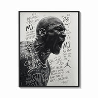 Framed Michael Jordan screaming portrait print shown as a bold statement piece on a clean gallery wall