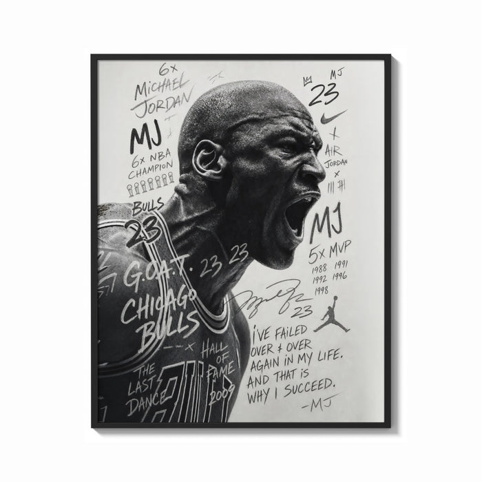 Framed Michael Jordan screaming portrait print shown as a bold statement piece on a clean gallery wall
