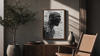 Michael Jordan screaming portrait poster framed above a fluted sideboard beside an olive tree