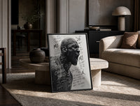 Michael Jordan screaming portrait print in a black frame leaning on a travertine table in a sunlit lounge