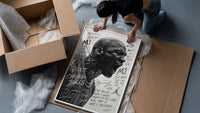 Michael Jordan screaming portrait framed print being unpacked from protective bubble wrap and a box