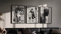 Michael Jordan basketball player triptych triptych in three black frames on a grey wall above a leather sofa