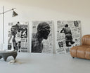 Michael Jordan basketball player triptych three-panel set displayed beside a brown leather sofa