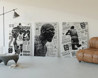 Michael Jordan basketball player triptych three-panel set displayed beside a brown leather sofa