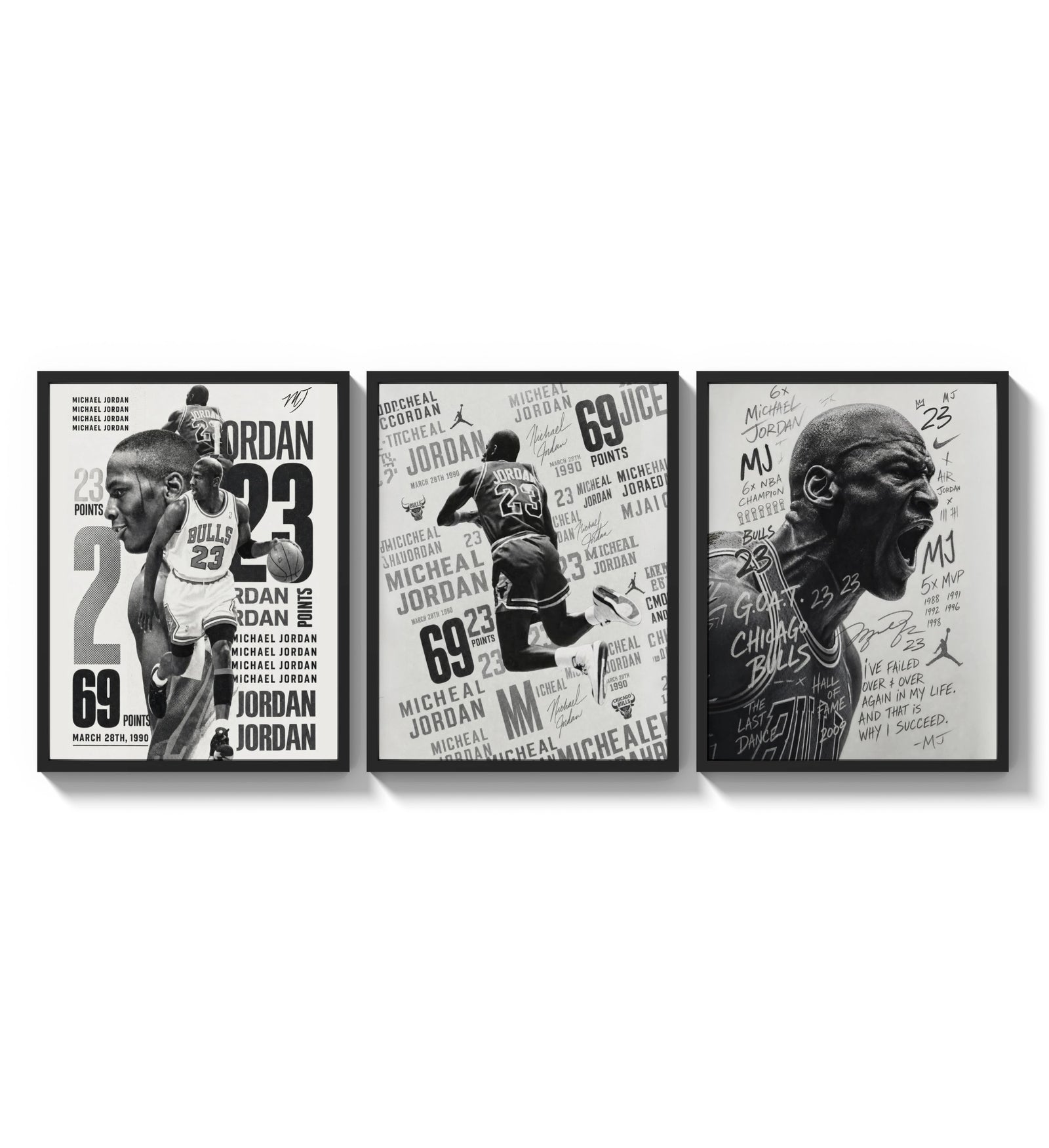Michael Jordan basketball player triptych three-panel set arranged as a triptych on a bright gallery wall