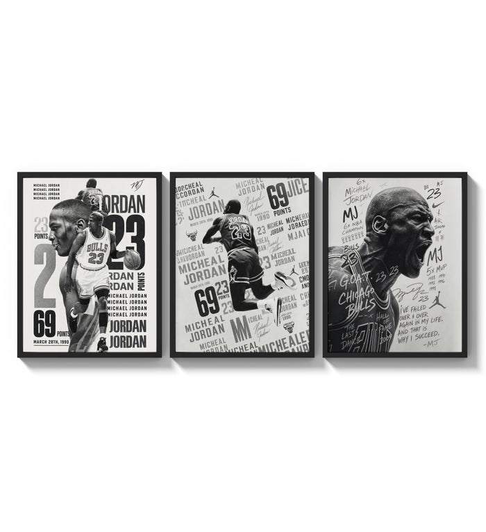 Michael Jordan basketball player triptych three-panel set arranged as a triptych on a bright gallery wall