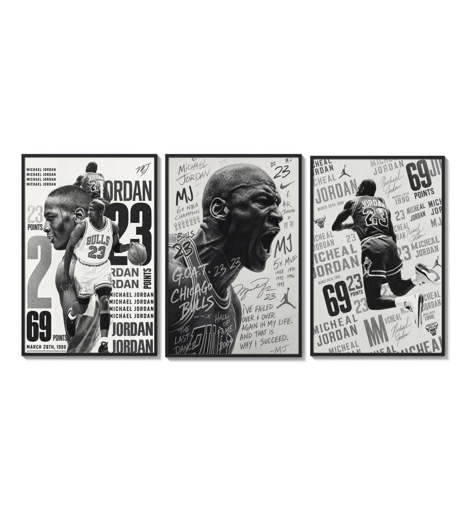 Michael Jordan basketball player triptych three-panel set arranged as a triptych on a bright gallery wall