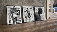 Michael Jordan basketball player triptych three-piece set leaning on parquet beside a vintage loft door