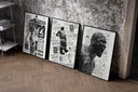Michael Jordan basketball player triptych set of three black-framed prints leaning against a raw-plaster wall