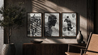 Michael Jordan basketball player triptych triptych in three walnut frames above a sideboard in a warm room