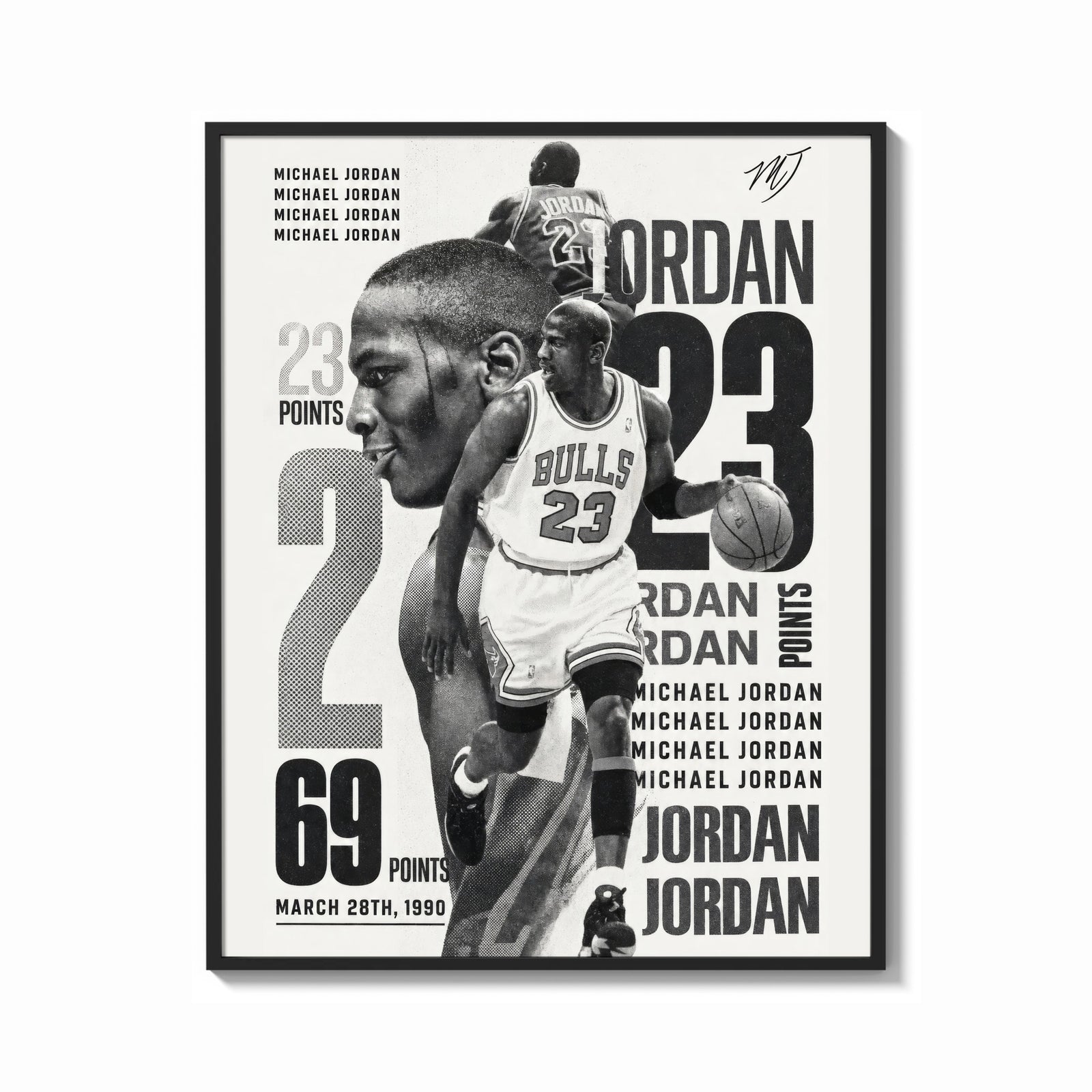 Framed Michael Jordan basketball player print shown as a bold statement piece on a clean gallery wall