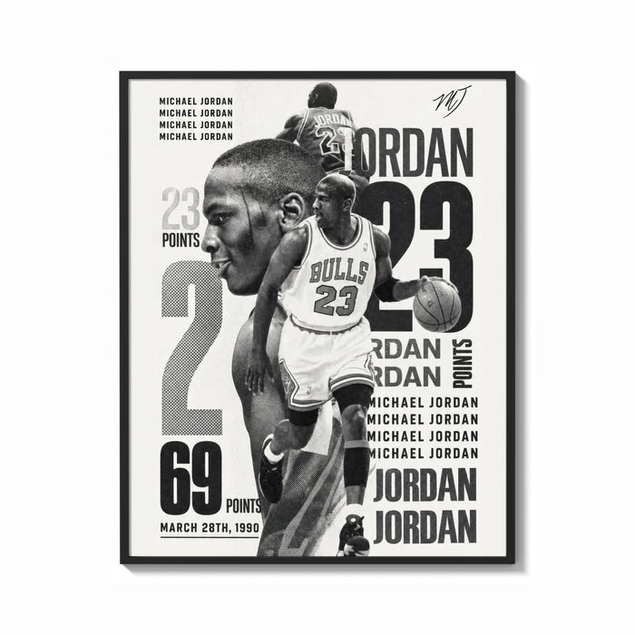 Framed Michael Jordan basketball player print shown as a bold statement piece on a clean gallery wall