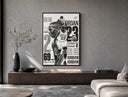 Michael Jordan basketball player poster framed above a wood console in a concrete-wall living room