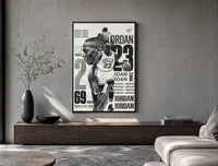 Michael Jordan basketball player poster framed above a wood console in a concrete-wall living room