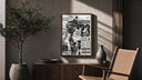 Michael Jordan basketball player poster framed above a fluted sideboard beside an olive tree