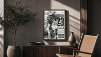 Michael Jordan basketball player poster framed above a fluted sideboard beside an olive tree