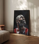 Portrait of Michael Jordan looking upward, highlighting emotional intensity with splashes of color.