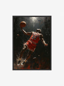 Captivating image of Michael Jordan's slam dunk, emphasizing his athleticism and Bulls spirit.