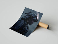 Midnight ronin samurai print in dark blue tones partially unrolled from a shipping tube