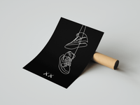 Minimal Swoosh and KAWS Companion drawn as one continuous white line on a black background