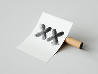 Minimalist XX symbol drawn in textured black ink strokes on a clean white background, shown as a rolled print
