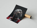 MJ Bulls painted portrait poster with splatter effects resting on a cardboard shipping tube