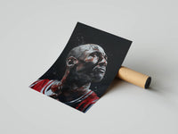 MJ Bulls painted portrait print with splatter brushwork resting against a cardboard shipping tube