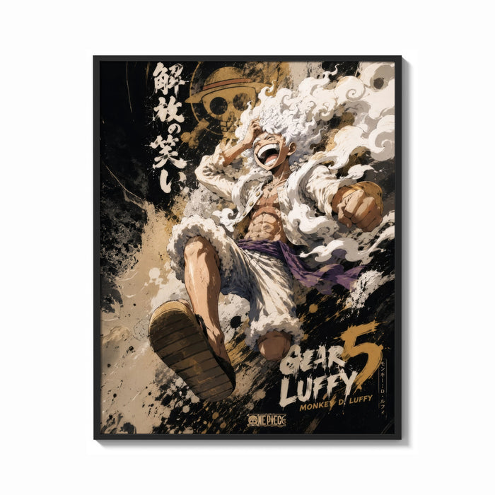 Framed Laughing white-haired anime warrior print shown as a bold statement piece on a clean gallery wall