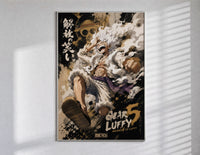 Laughing white-haired anime warrior poster in a slim frame on a bright wall with soft window light