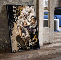 Laughing white-haired anime warrior print in a black frame leaning beside a vintage door on parquet