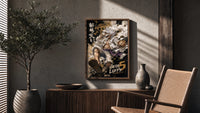 Laughing white-haired anime warrior poster framed above a fluted sideboard beside an olive tree