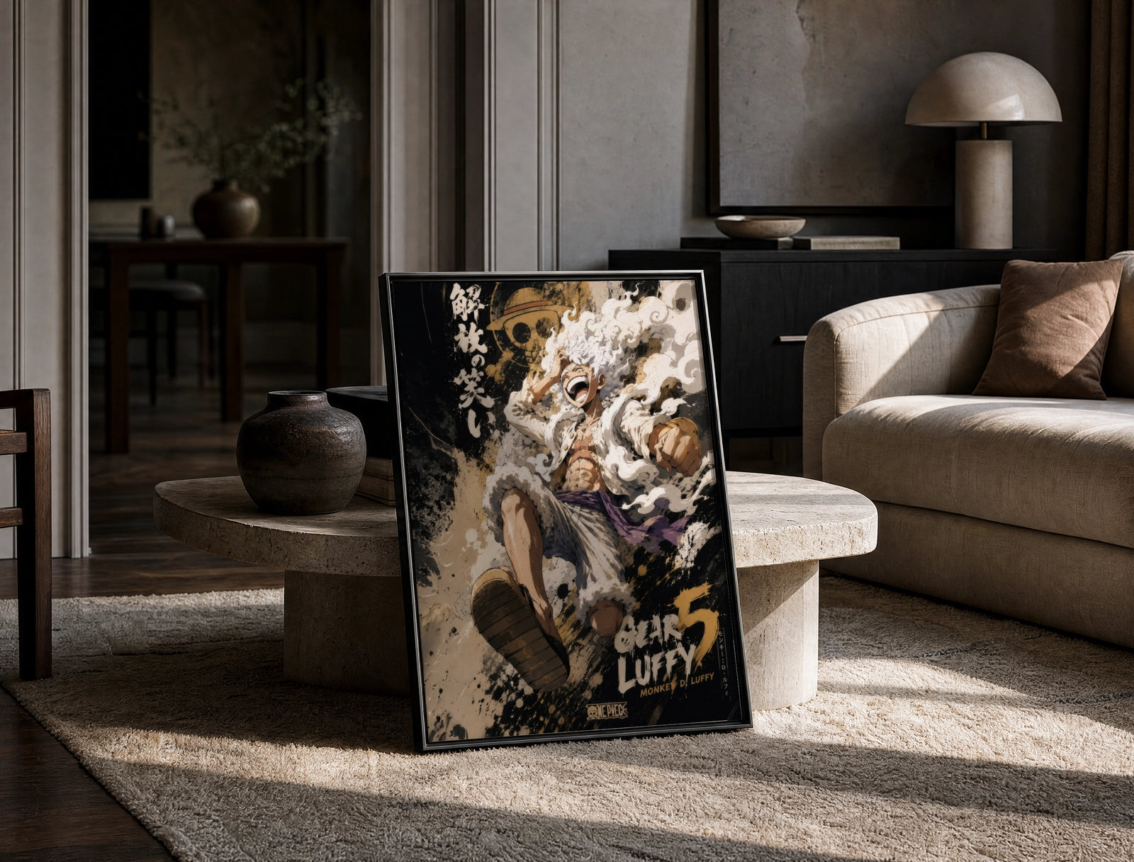 Laughing white-haired anime warrior print in a black frame leaning on a travertine table in a sunlit lounge