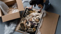 Laughing white-haired anime warrior framed print being unpacked from protective bubble wrap and a box