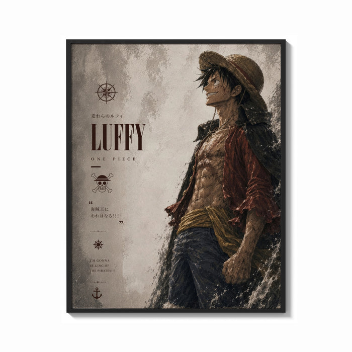 Framed Anime pirate in straw hat print shown as a bold statement piece on a clean gallery wall