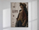Anime pirate in straw hat poster in a slim frame on a bright wall with soft window light