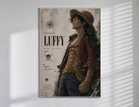 Anime pirate in straw hat poster in a slim frame on a bright wall with soft window light