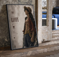 Anime pirate in straw hat print in a black frame leaning beside a vintage door on parquet