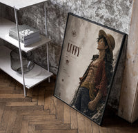 Anime pirate in straw hat poster in a black frame leaning beside a shelf in a raw-plaster loft