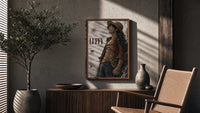 Anime pirate in straw hat poster framed above a fluted sideboard beside an olive tree