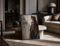 Anime pirate in straw hat print in a black frame leaning on a travertine table in a sunlit lounge