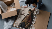 Anime pirate in straw hat framed print being unpacked from protective bubble wrap and a box